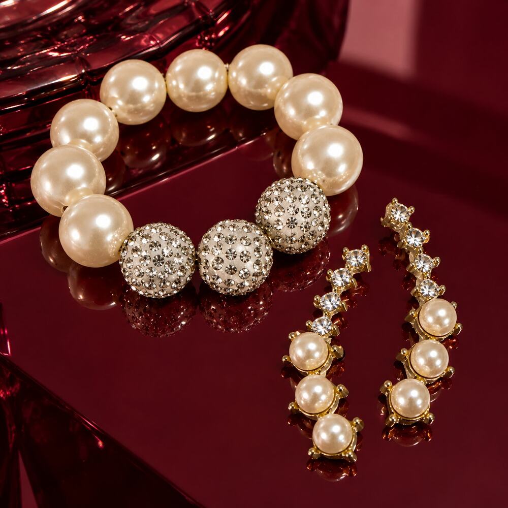 Time and Tru Pearl Rhinestone Crawler Earrings & Bracelet Jewelry Set